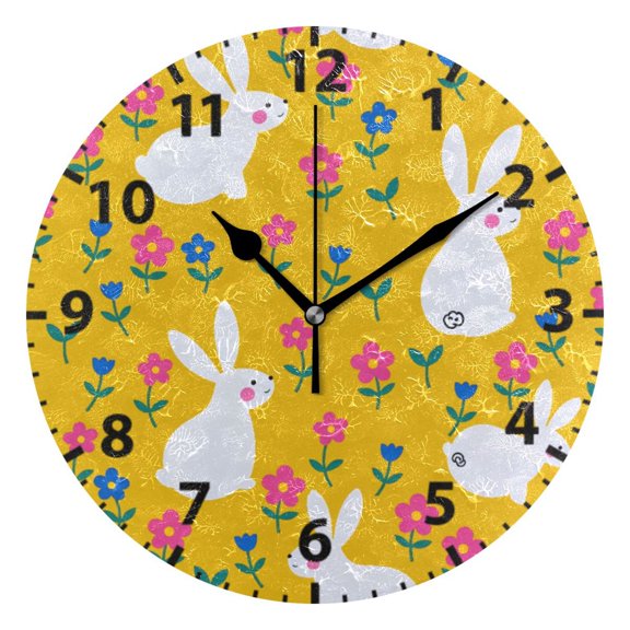 White Rabbit Flower Wall Clock 10in Round Artistic Oil Painting Home Decor Desk Table Clock