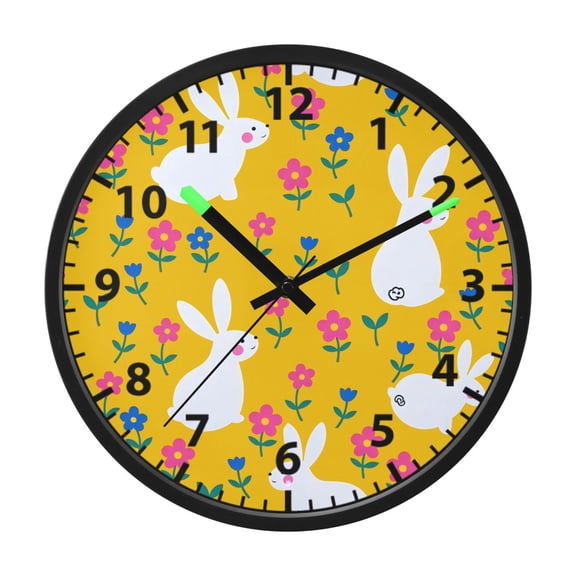 White Rabbit Flower Wall Clock 12 Inch Voice Activated Night Light Silent Non Ticking
