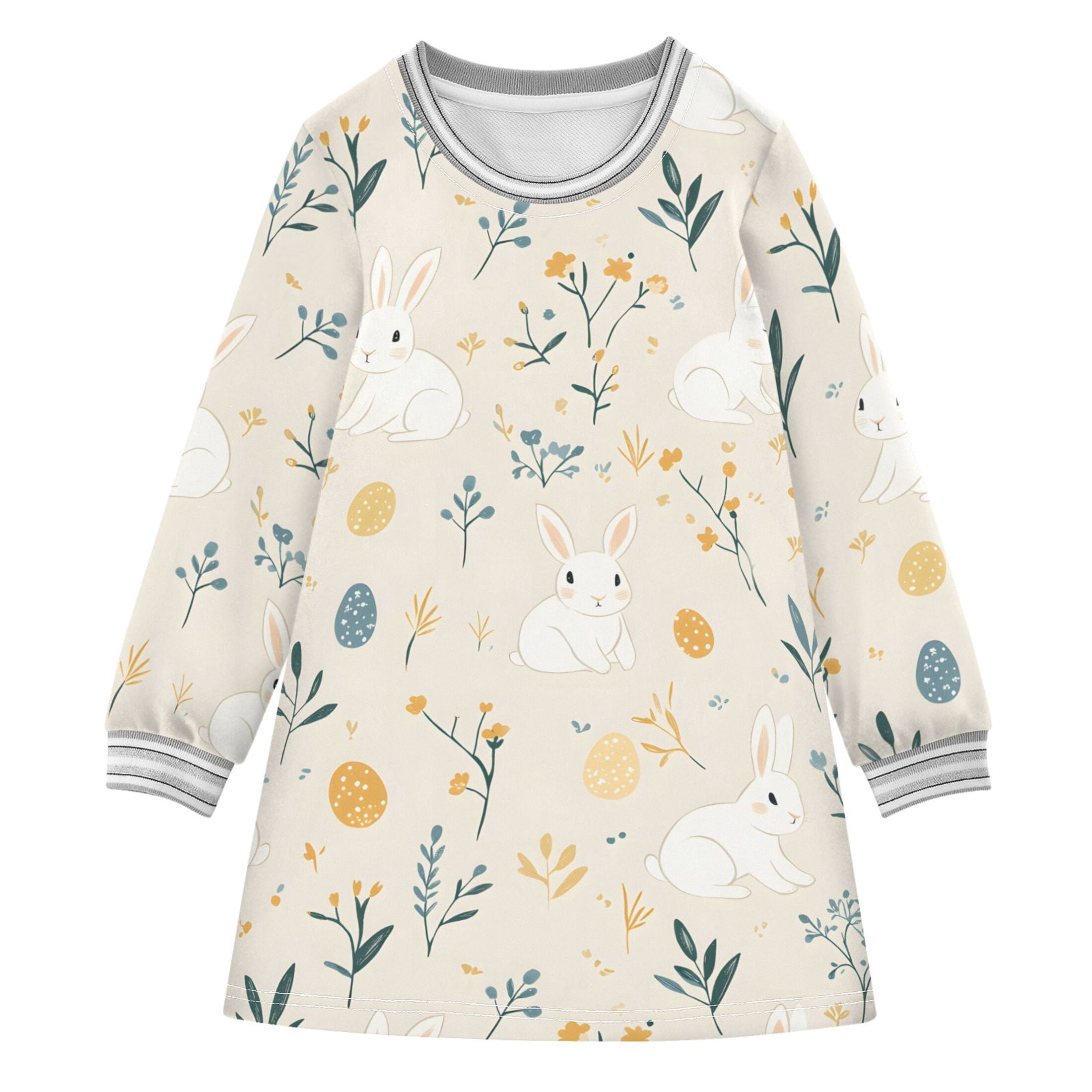 White Rabbit Foral Pattern Girls'long-sleeved dress Thickened A-dress ...
