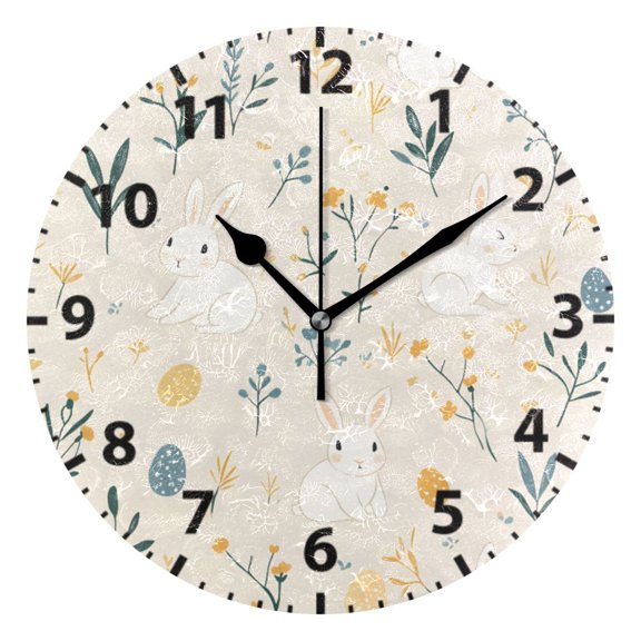 White Rabbit Foral Pattern Wall Clock 10in Round Artistic Oil Painting Home Decor Desk Table Clock