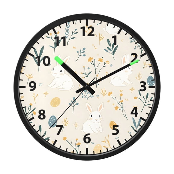 White Rabbit Foral Pattern Wall Clock 12 Inch Voice Activated Night Light Silent Non Ticking
