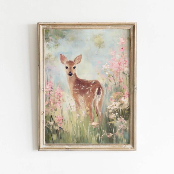 Pastel Fawn, Sweet Cottagecore Wall Art, Soft Baby Deer Decor, Adorable Nursery Art, Light Meadow 0319 Poster , Poster Print Only