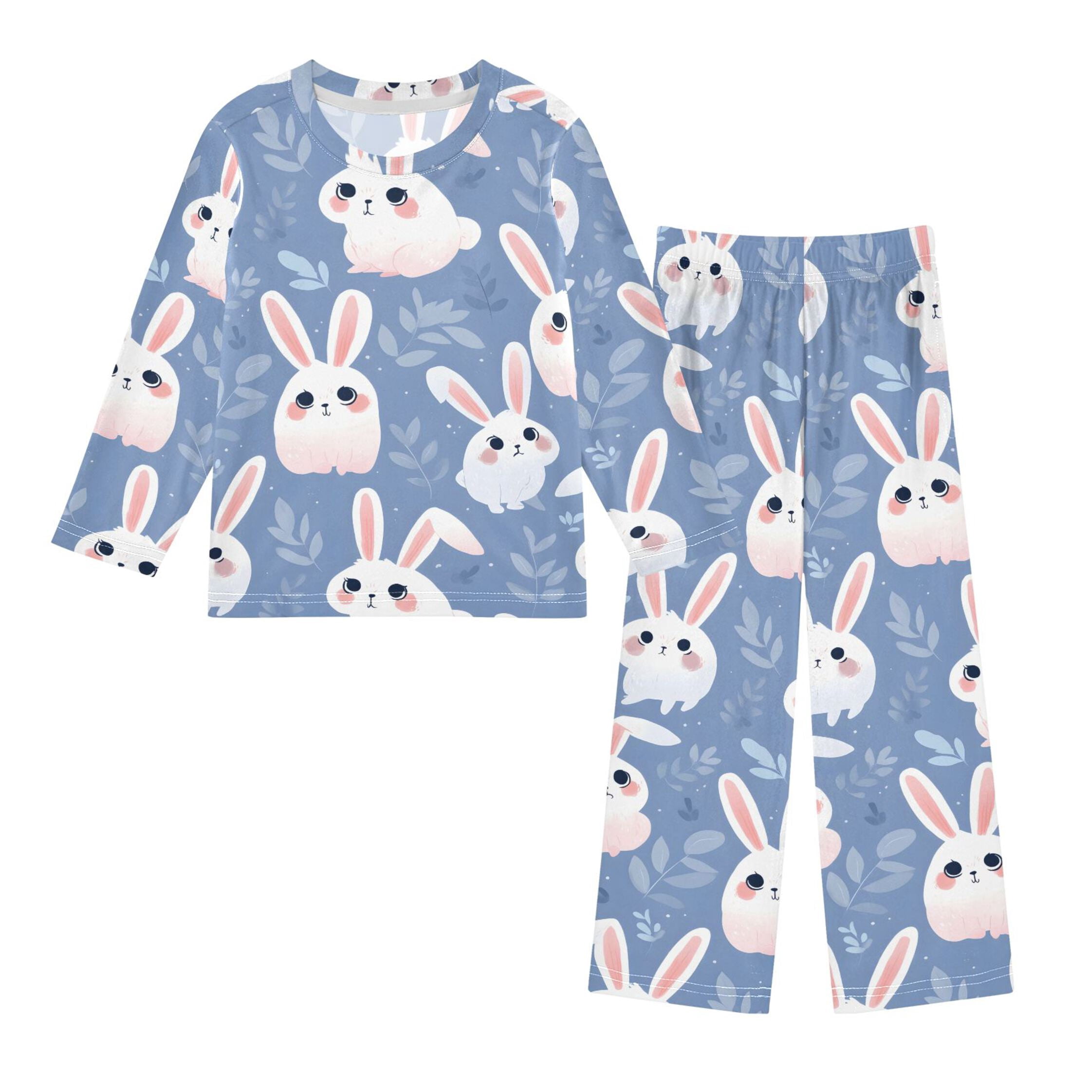 Pyjamas Rabbit White Rabbit Lleaves Pattern Pajama Set Soft Warm Cozy Fleece 2 Piece ...