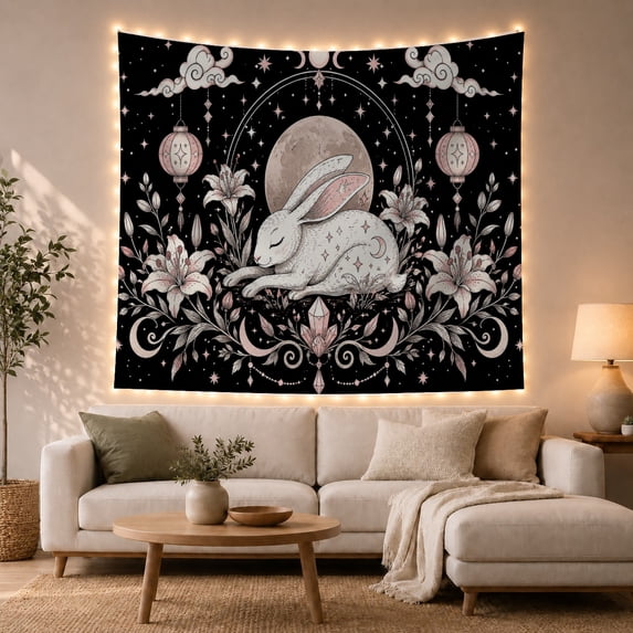 White Rabbit on Moon with Starry Background, Mystical Celestial for Animal Lovers, Decorative Night Scene Art, Birthday Gift Tapestry Wall Hanging for Bedroom and Living Room