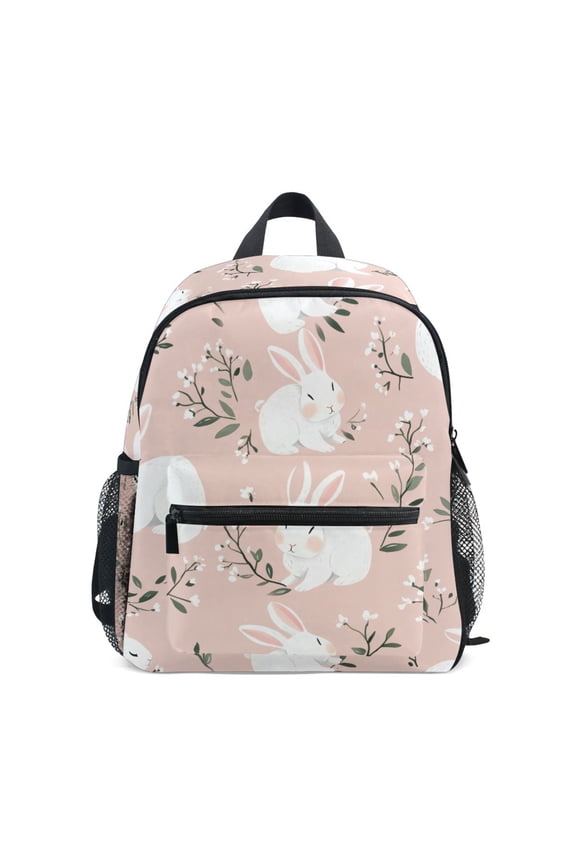 White Rabbit Pattern Mini Backpack Cute Small Backpack with Chest Strap and Whistle Ages 3-8
