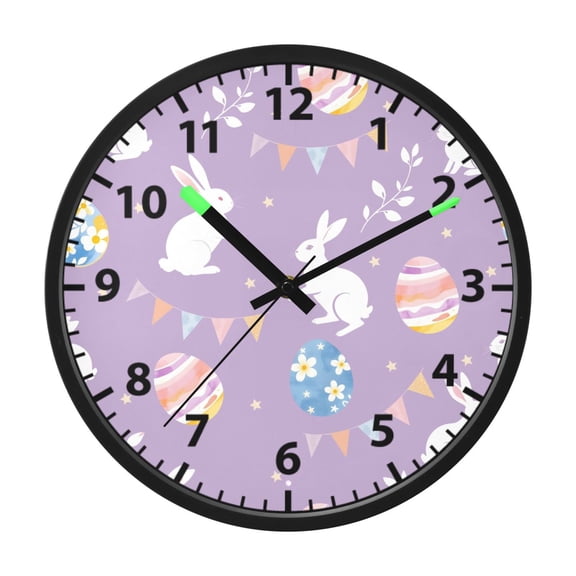 White Rabbit Purple Pattern Wall Clock 12 Inch Voice Activated Night Light Silent Non Ticking
