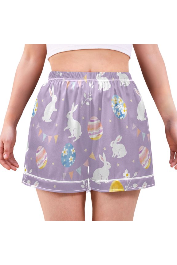 White Rabbit Purple Pattern Women's Pajama Shorts Silky Satin Casual Lounge Sleep Zero Pressure