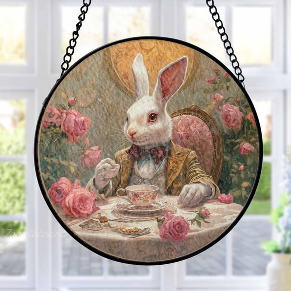 White Rabbit Stained Glass Suncatcher Metal Outdoor Decor Fantasy Art Pink Gold
