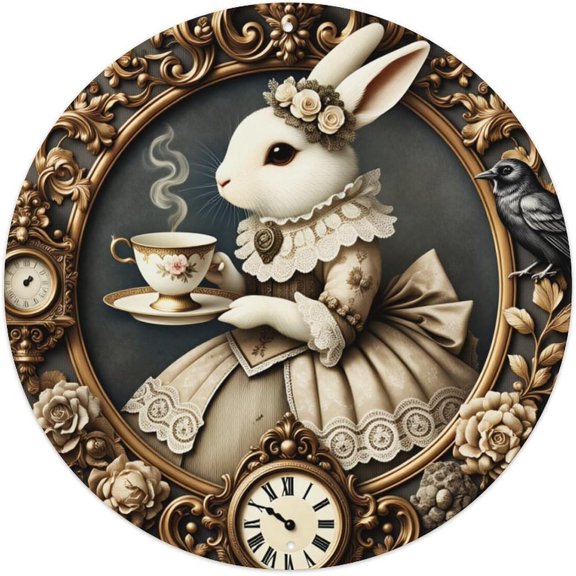 White Rabbit Tea Time Clock Frame Floral Bird Retro Round Tin Sign Vintage Metal Poster Home Bedroom Office Kitchen Club Wall Decoration 8x8 inch