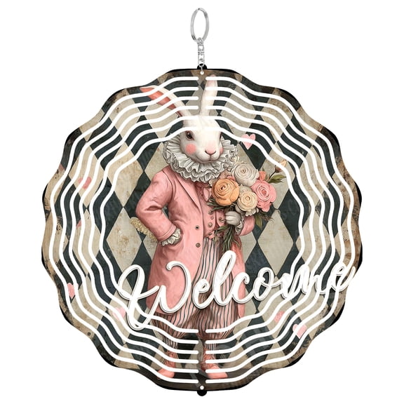White Rabbit Wind Spinner Metal Outdoor Decor Whimsical Vintage Pink Multi-Color