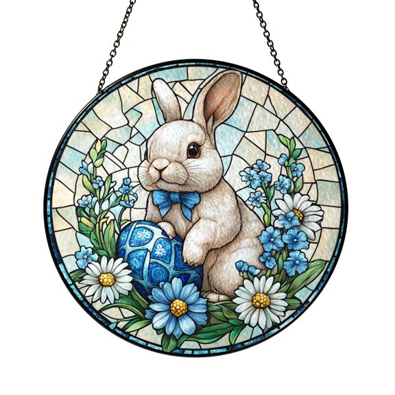 White Rabbit Wreath Stained Glass Style Suncatcher Window Hanging Decor, Cute Bunny Decorative Floral Panel Ornament for Spring Window Art and Seasonal Home Decoration