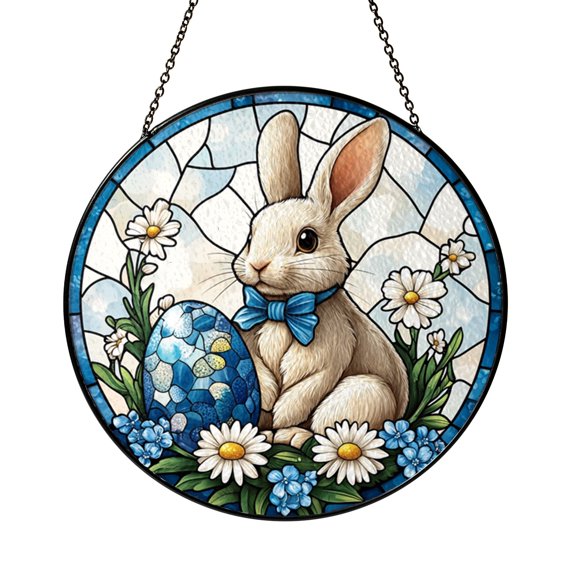 White Rabbit Wreath Stained Glass Style Window Suncatcher Hanging Decor, Bunny Floral Decorative Panel Ornament for Spring Window Display and Seasonal Home Decor