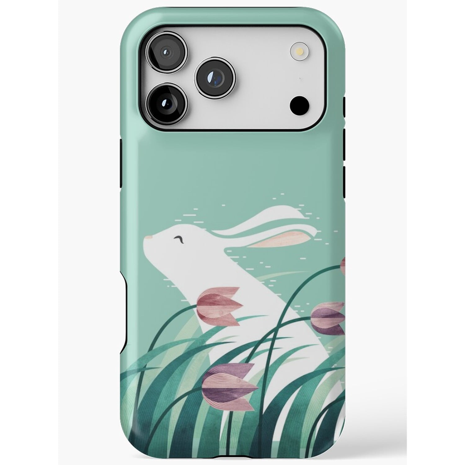 White Rabbit in Teal Grass and Pink Purple Flowers Tough Case for Apple ...