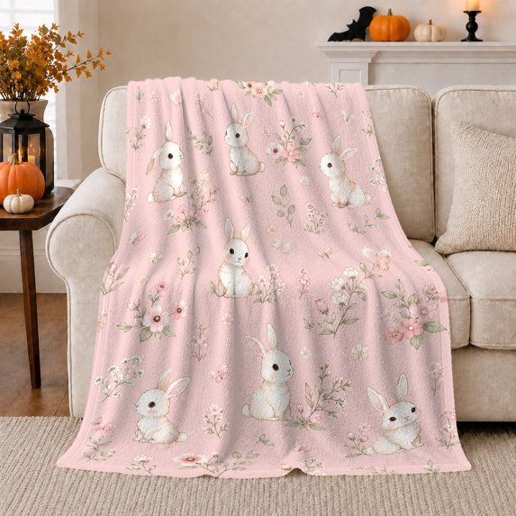 White Rabbits Among Delicate Pink Garden Flowers, Soft Flannel Blanket with Delicate Watercolor Animals Print, Housewarming Gift and Home Decor for Bedroom and Living Room