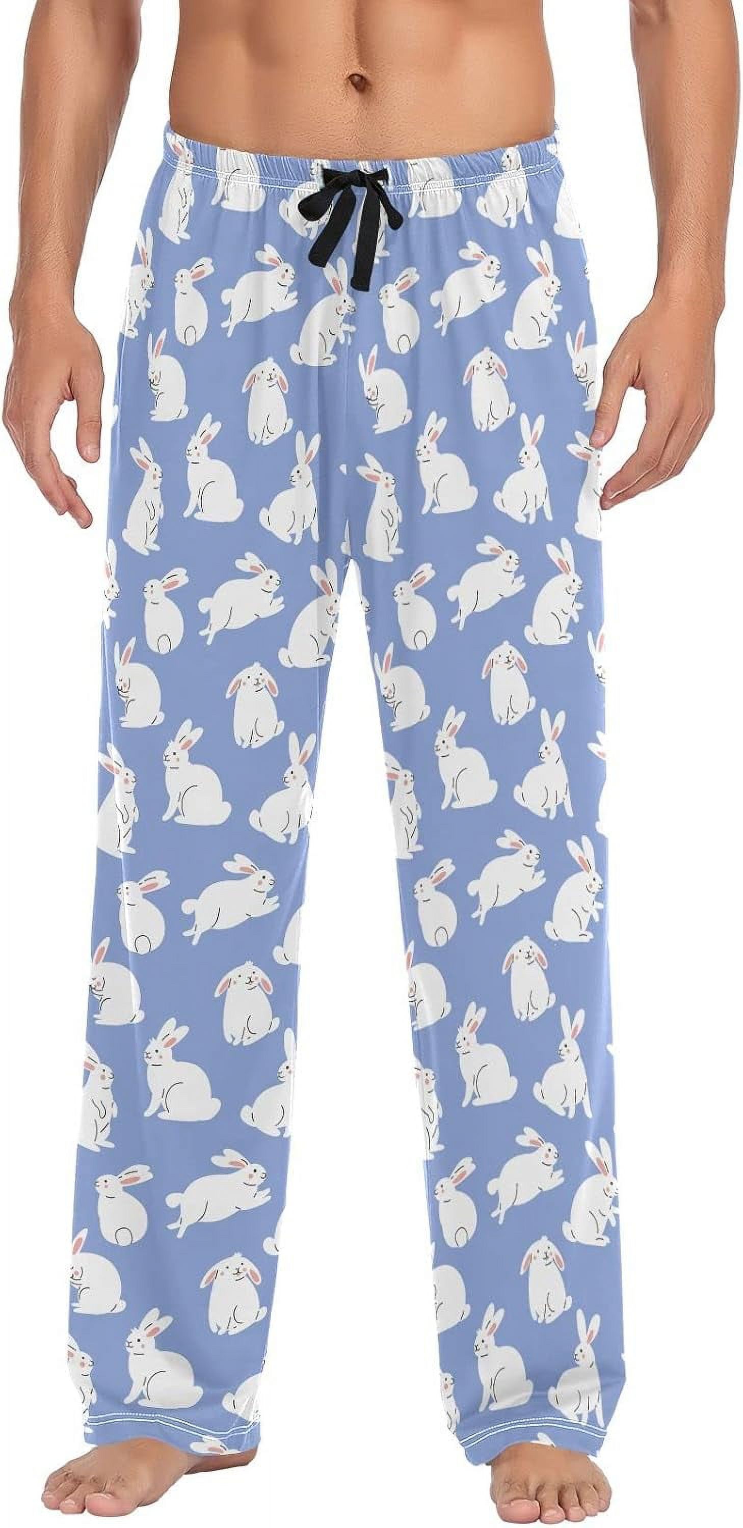 White Rabbits Bunny On Blue Mens Pajama Pants Sleepwear