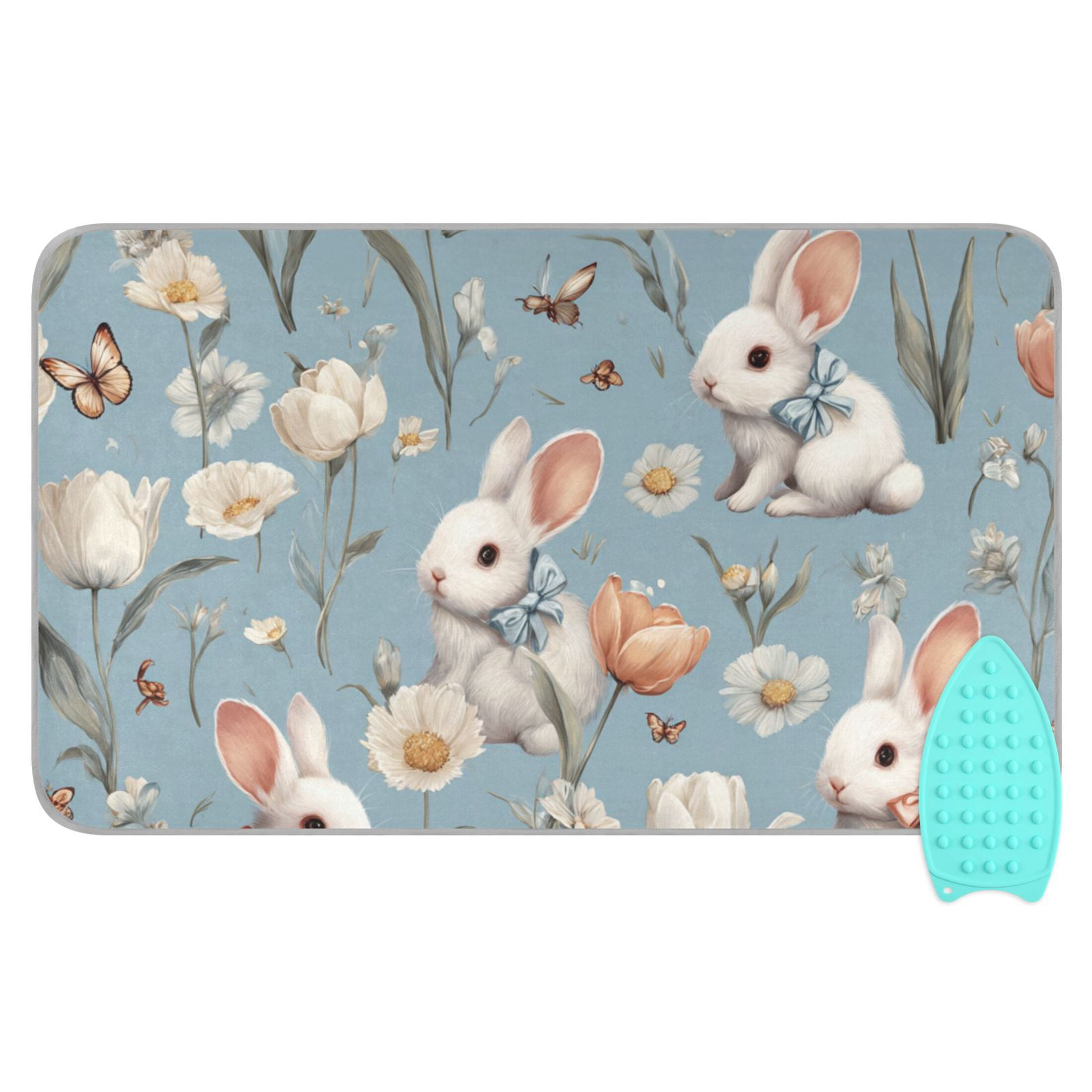 White Rabbits Flowers Butterflies Vintage Ironing Mat Blanket Portable Travel Ironing Pad Heat Resistant Pad 47.2" x 27.6”