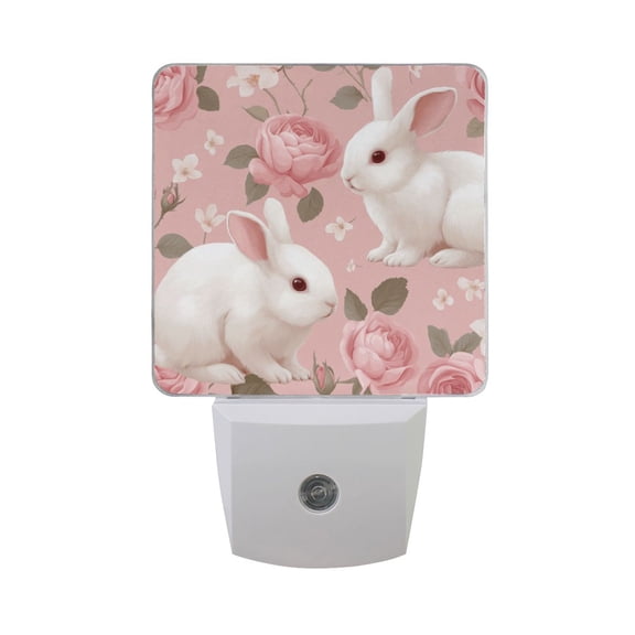 White Rabbits and Pink Roses LED Night Light Sensor Lamp Plug-in Adjustable Brightness 2 Pack
