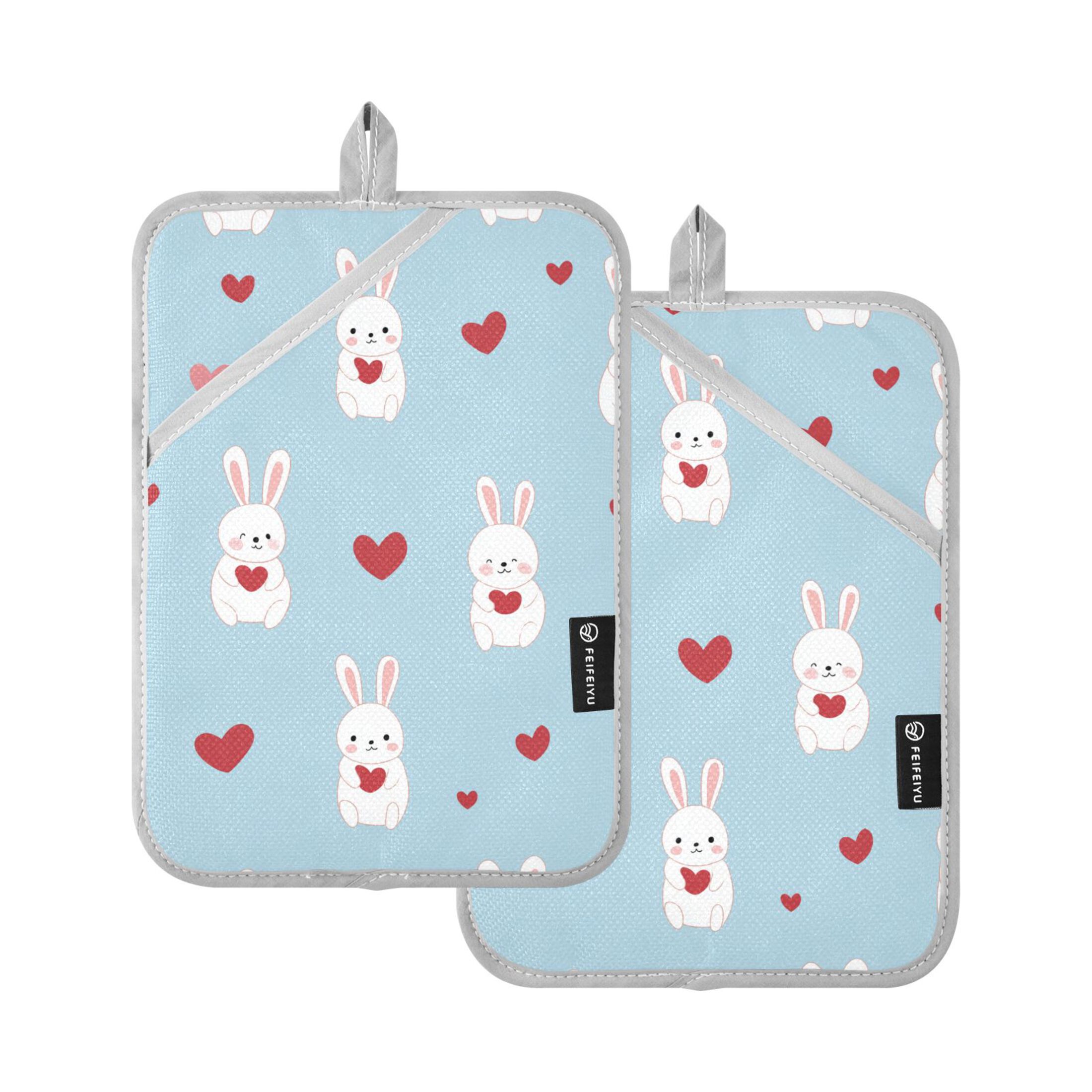 White Rabbits with Hearts Valentine Blue Background Pot Holder Heat ...