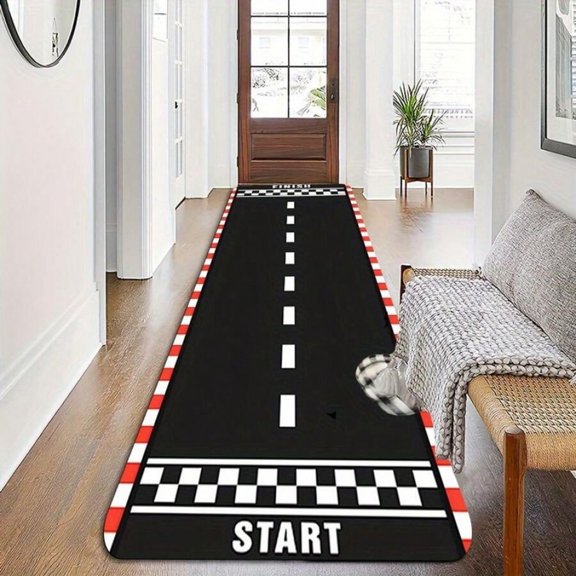White Racing Track Runner Rug With Checkered Start Line, Flannel Top And Sponge Base For Hallway Entryway