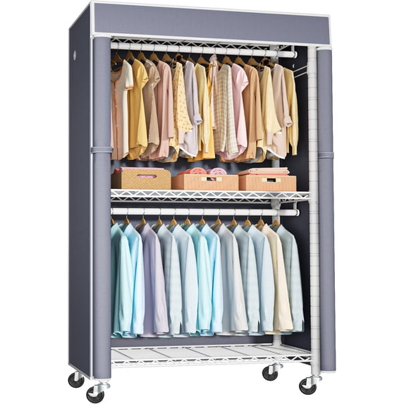 White Rack With Grey Cover Metal Garment Hanging Clothes Storage Rack