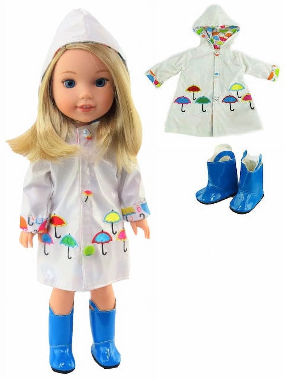 White Raincoat with Electric Blue Rain Boots For 14 Inch Dolls