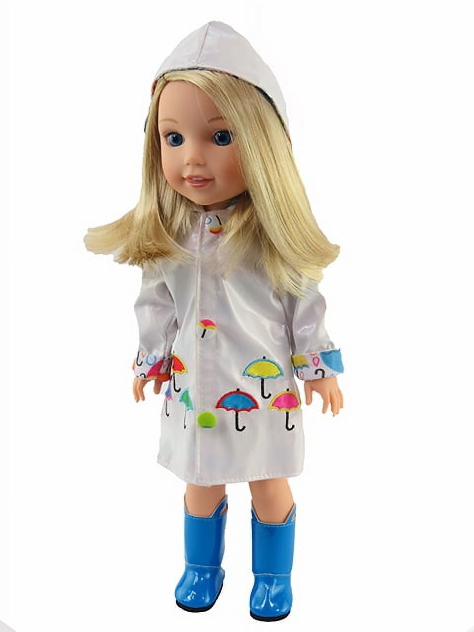 White Raincoat with Electric Blue Rain Boots For 14 Inch Dolls