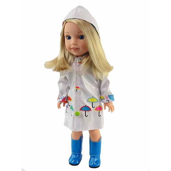White Raincoat with Electric Blue Rain Boots For 14 Inch Dolls