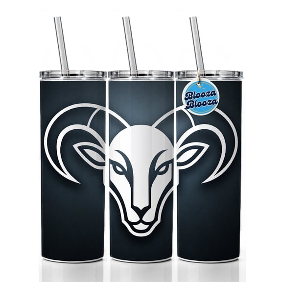 White Ram Head Illustration Outline 20oz Insulated Water Bottle Skinny Tumbler Includes Straw