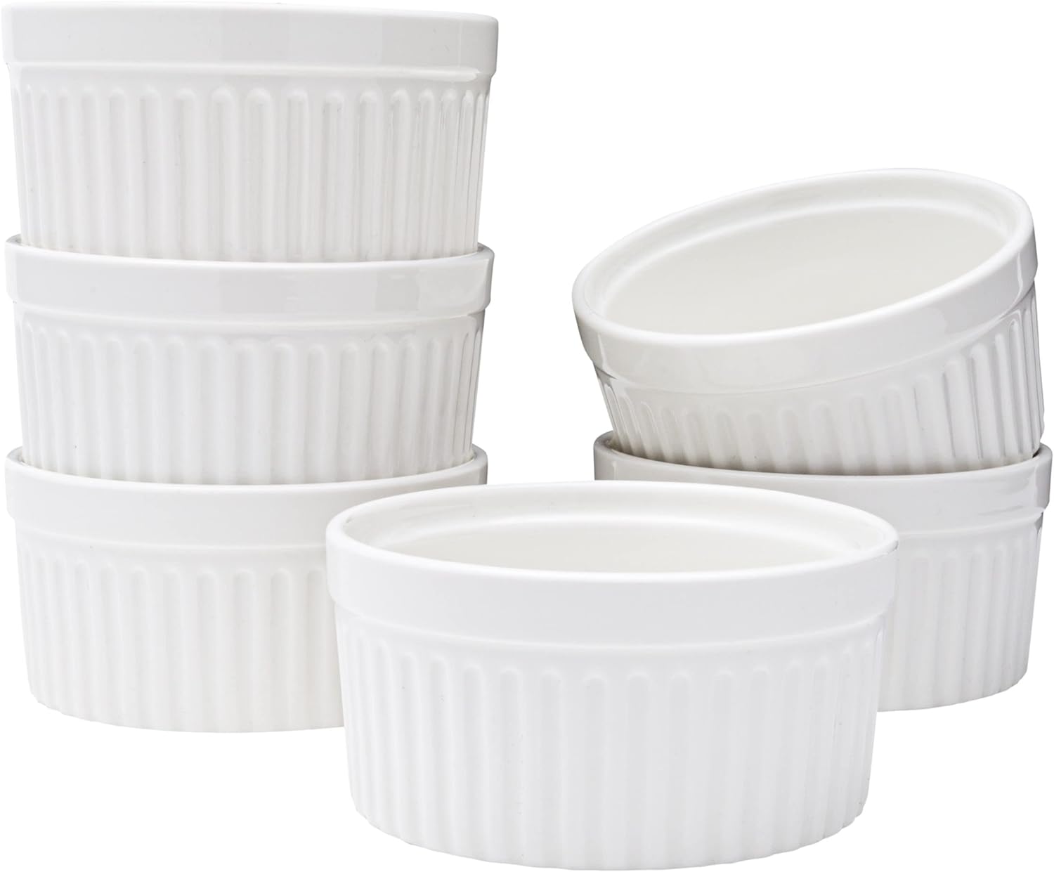 White Ramekin, Set Of 6 Fine Porcelain Ramekins, Stackable 4 Inch Bowls