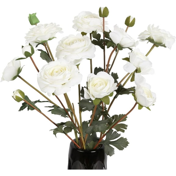 White Ranunculus Artificial Flower 5Heads '' Long Stems Silk Ranunculus Fake Peonies Artificial Flowers for DIY Wedding Bouquets Home Kitchen Decorations (White)