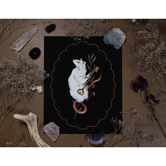 White Rat With Key Gold Border Decor Wall Art Unframed Paper Print