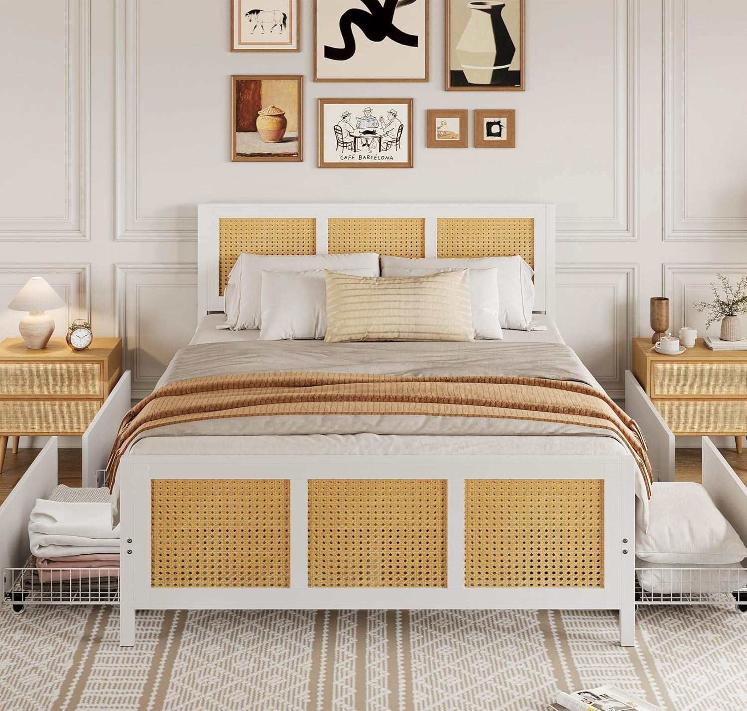 White Rattan Bed Frame with Headboard, Boho Cane Platform King Size Bed Frame with 4 Drawers, Strong Metal Slats Support, Noise Free, No Box Spring Needed
