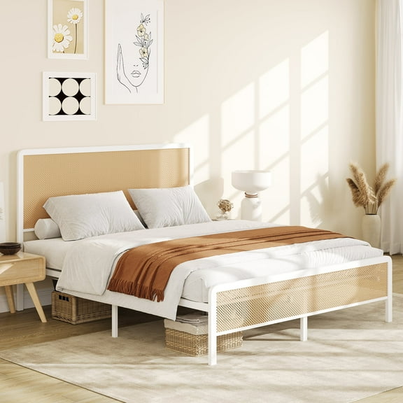 White Rattan Bed Frame with LED Lights, Modern Rattan Platform Bed Frames with Headboard, Heavy Duty Bed Frame with Metal Slat Support, No Box Spring Needed