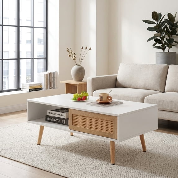White Rattan Coffee Table with Sliding Door and Solid Wood Legs - Modern Living Room Accent