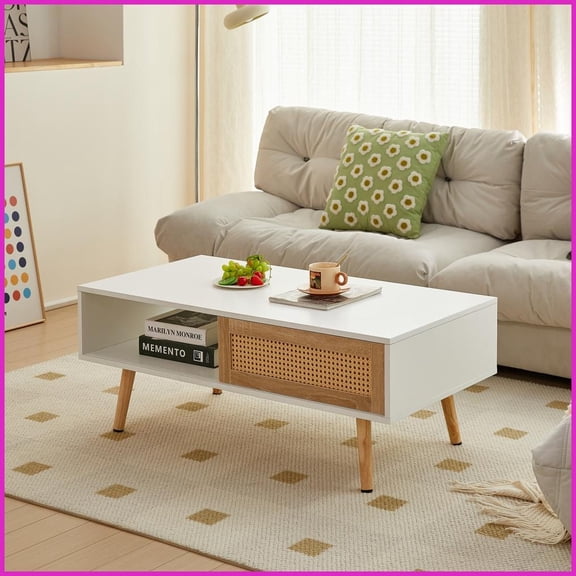 White Rattan Coffee Table with Solid Wood Legs Sliding Storage for Living Room, Sturdy & Stylish