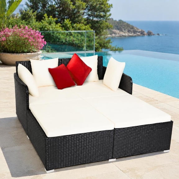 White Rattan Daybed with Upholstered Cushions, Pillows, Curved Backrest, Armrests, and 800 Lb Load Bearing