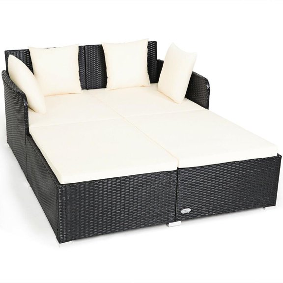 White Rattan Daybed with Upholstered Cushions, Pillows, Curved Backrest, Armrests, and 800 Lb Load Bearing
