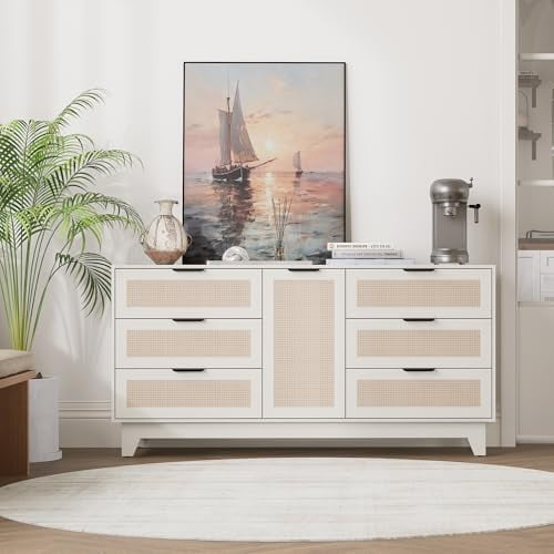 White Rattan Dresser,6 Drawers Dresser for Bedroom,55 "L Large Storage,Boho Farmhouse Style,TV Stand,Hallway,Entryway$$Home Decor, Kitchen, & Other