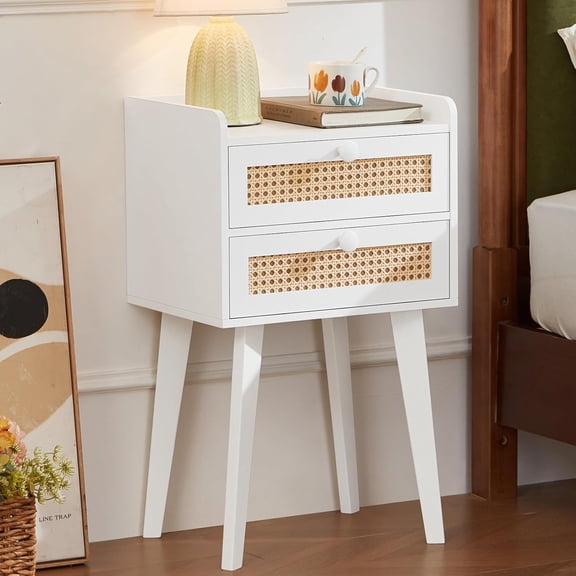 White Rattan Night Stand with 2 Drawers, Cane Accent Nightstand Bed Side End Table with Solid Wood Legs, Boho Nightstands for Bedroom Living Room Dorm