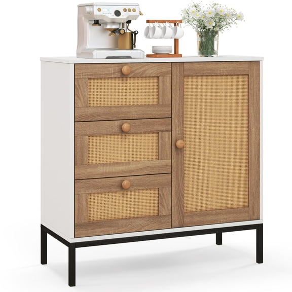 White Rattan Sideboard Buffet Cabinet with 1 Woven Rattan Door & 3 Storage Drawers, Stable Metal Leg Accent Storage Credenza with Soft Close Hinge & Anti-Scratch Floor Foot Pad, Multi-Purpose Console