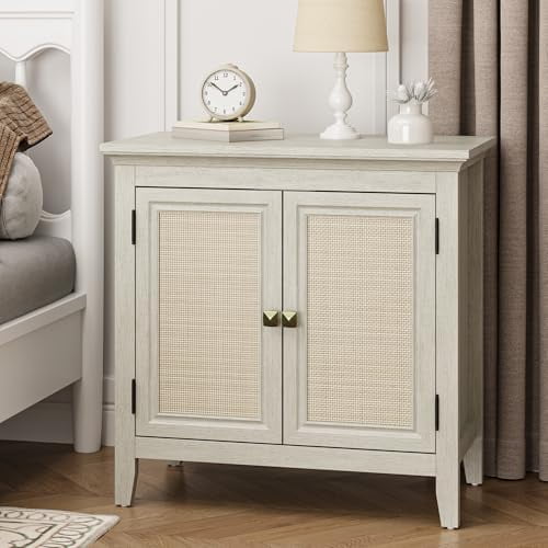 White Rattan Storage Cabinet, Modern Accent Buffet with Adjustable Shelf, Kitchen & Living Room Organizer