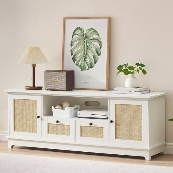 White Rattan TV Stand | Modern Minimalist Design with Ample Storage | Durable MDF Construction for TVs Up to 70 Inches | Easy Assembly & Chic Entertainment Center