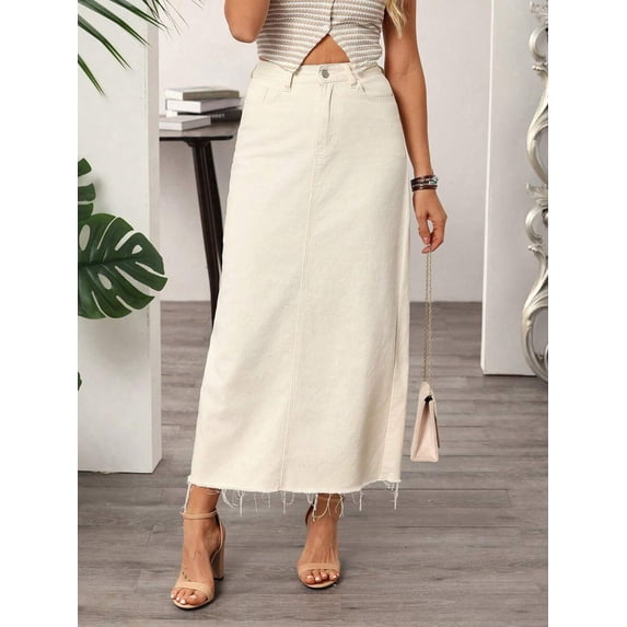 White Raw Hem Denim Maxi Skirt High Waist Straight Cut Casual