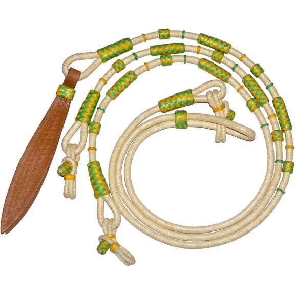 White Rawhide Romal Reins with 52" Romel, Hand Braided Knots, 8.5 Ft Rein Durable Horse Tack with Zig Zag Pattern