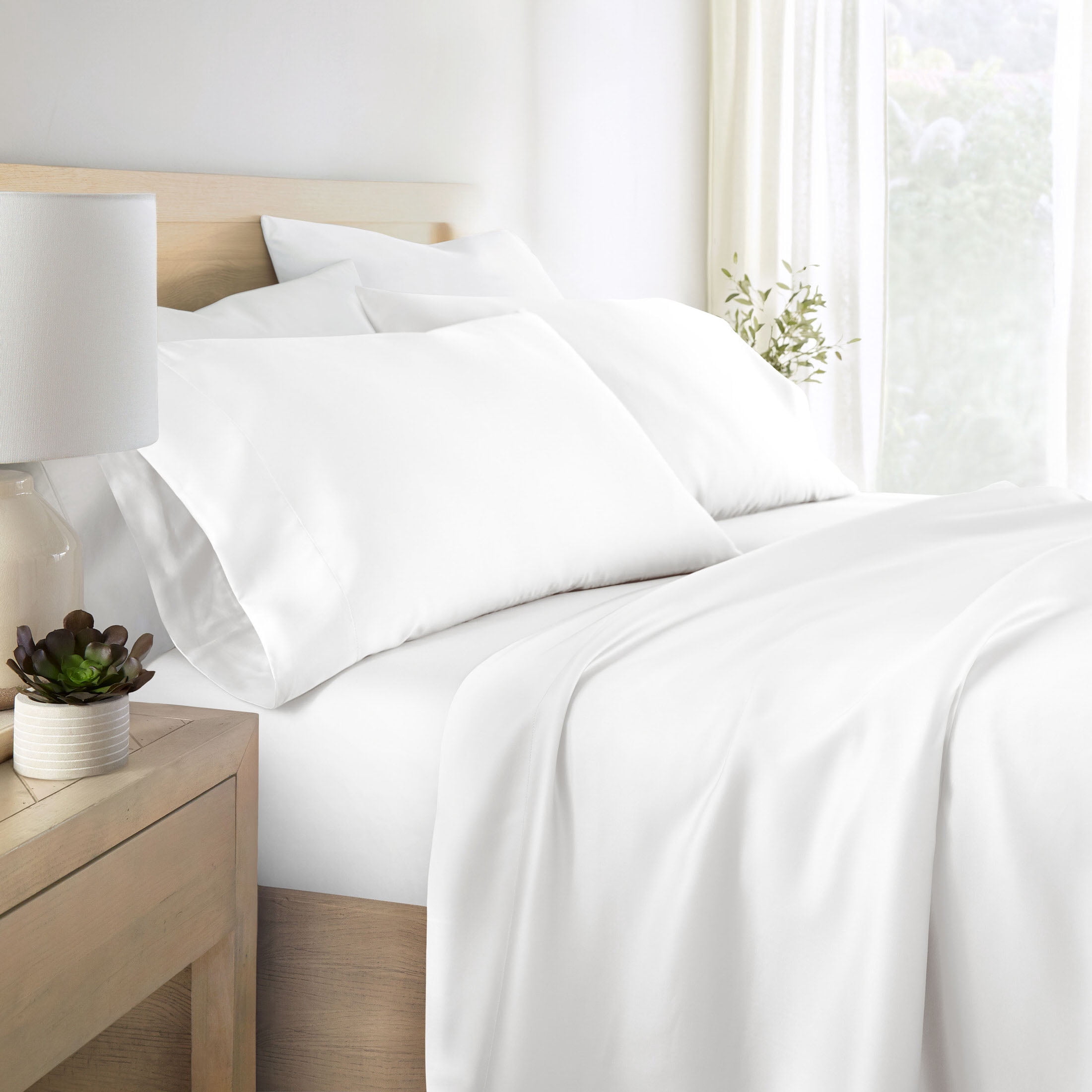 Noble Linens Rayon from Bamboo 4 Piece Luxury Bed Sheet Set, White, Queen