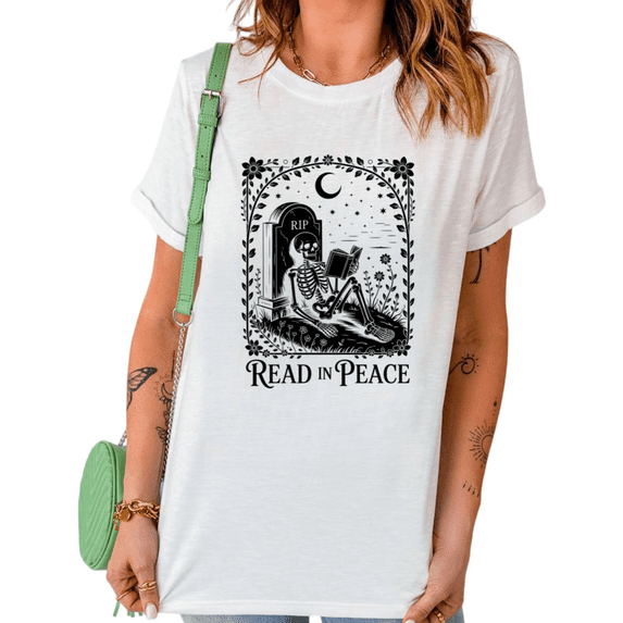 White Read In Peace Skeleton Reading Tombstone Moon Floral Graphic Tees Print Tshirt Shirts Book Lover Gothic Casual Tops S-5XL