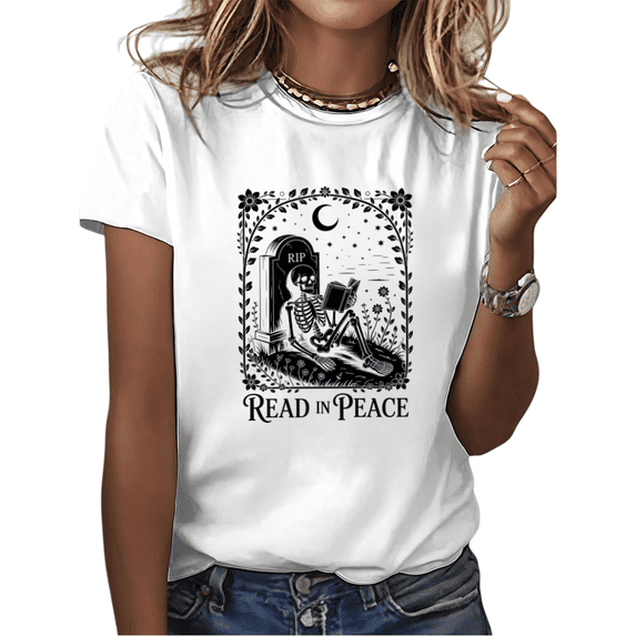 White Read in Peace Skeleton Reading Book Tombstone Moon Floral Book Lover Gothic Print Tshirt Graphic Tees Shirts Tops S-5XL