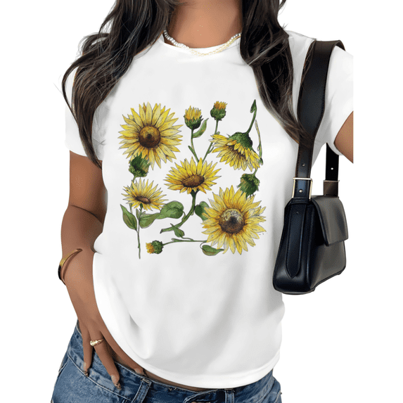 White Realistic Sunflower Print Tshirt Women Floral Garden Style S-5XL Casual Tops