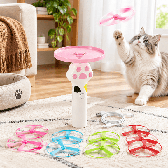 White Rechargeable Interactive Cat Disc Launcher Set with 10 Discs
