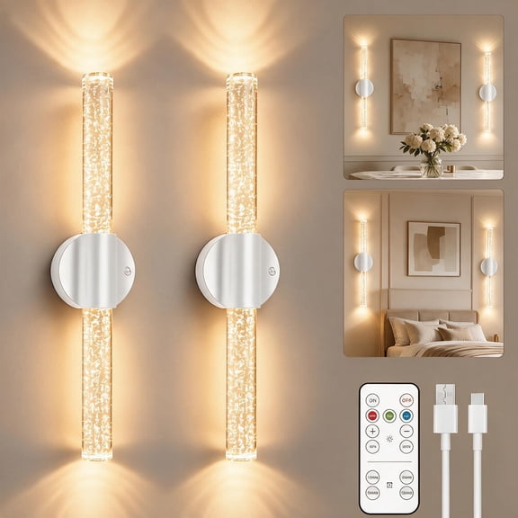 HEYIUPE Rechargeable Wall Sconces, 2 Pack Wireless LED Lights, White, Battery Operated, Dimmable with Remote and Touch Control for Bedroom Bathroom Living Room